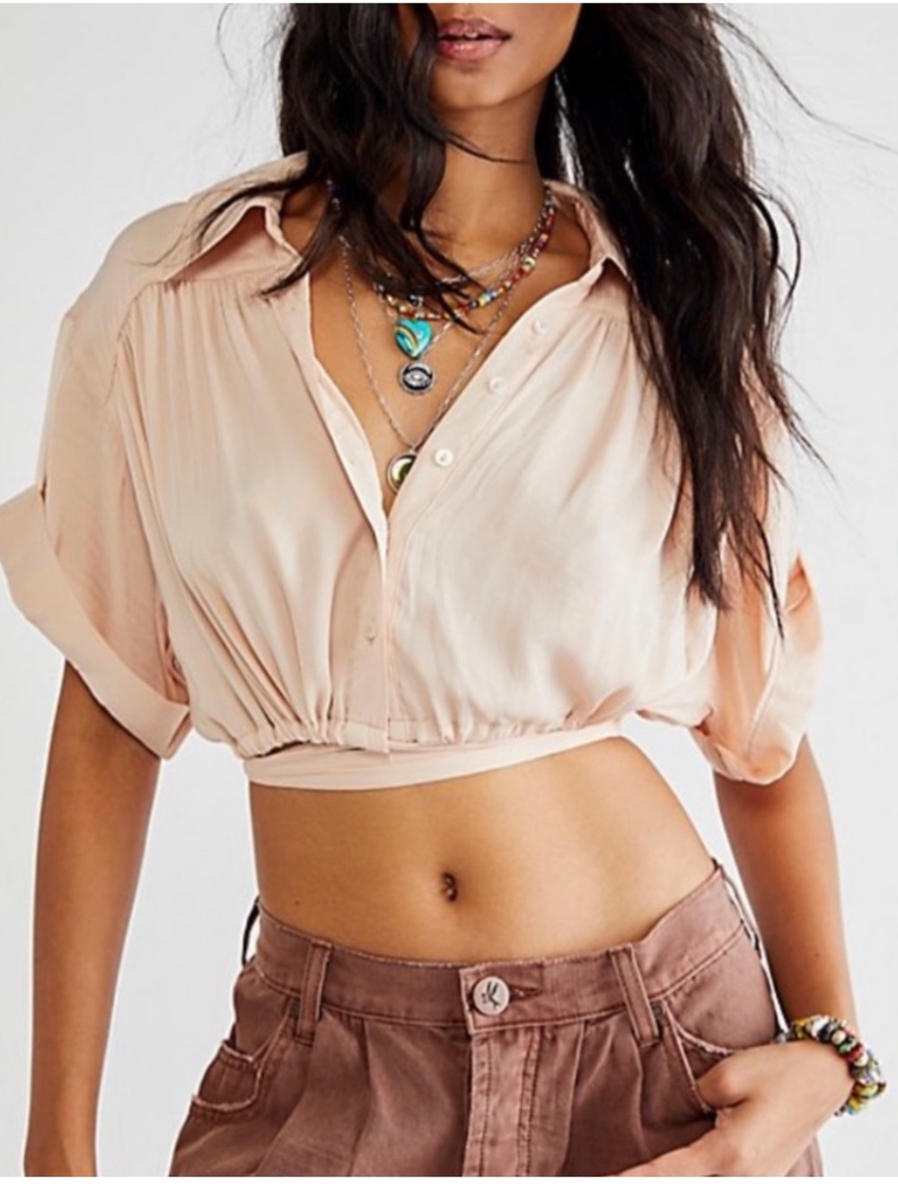 Free People Blush-Peach Cropped Button Front Top